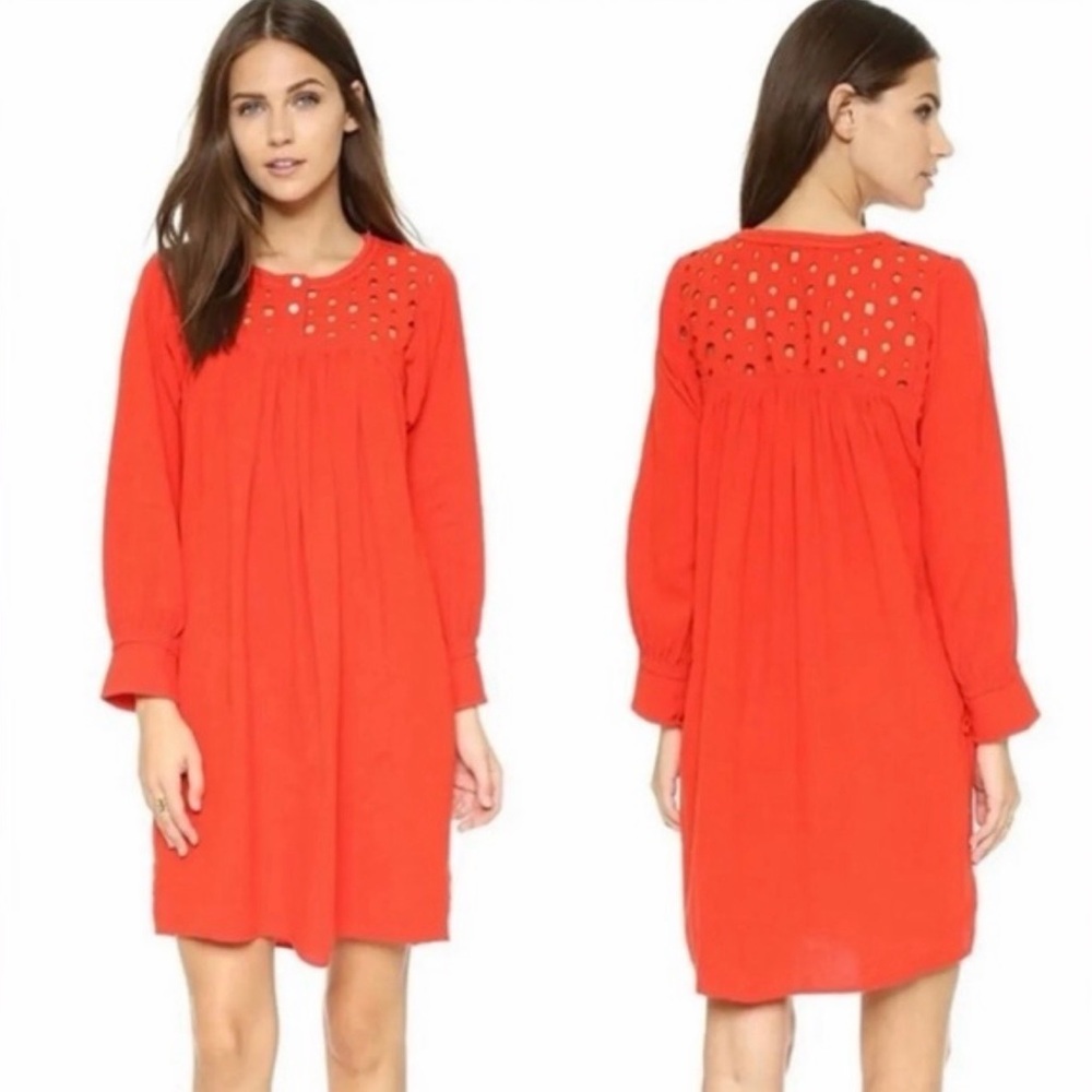 Madewell Eyelet Daybreak Dress in a red poppy color, linen-blend  eyelet xsmall